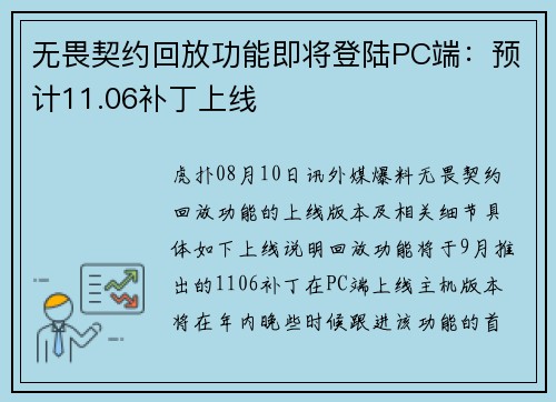无畏契约回放功能即将登陆PC端：预计11.06补丁上线